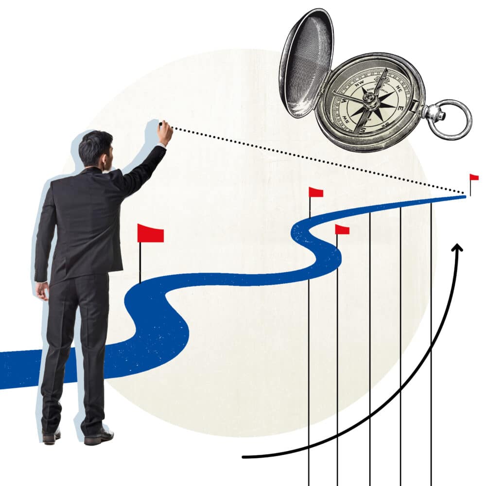 Ein Mann der vor einem gezeichneten Weg mit Meilensteinen steht, Kompass daneben