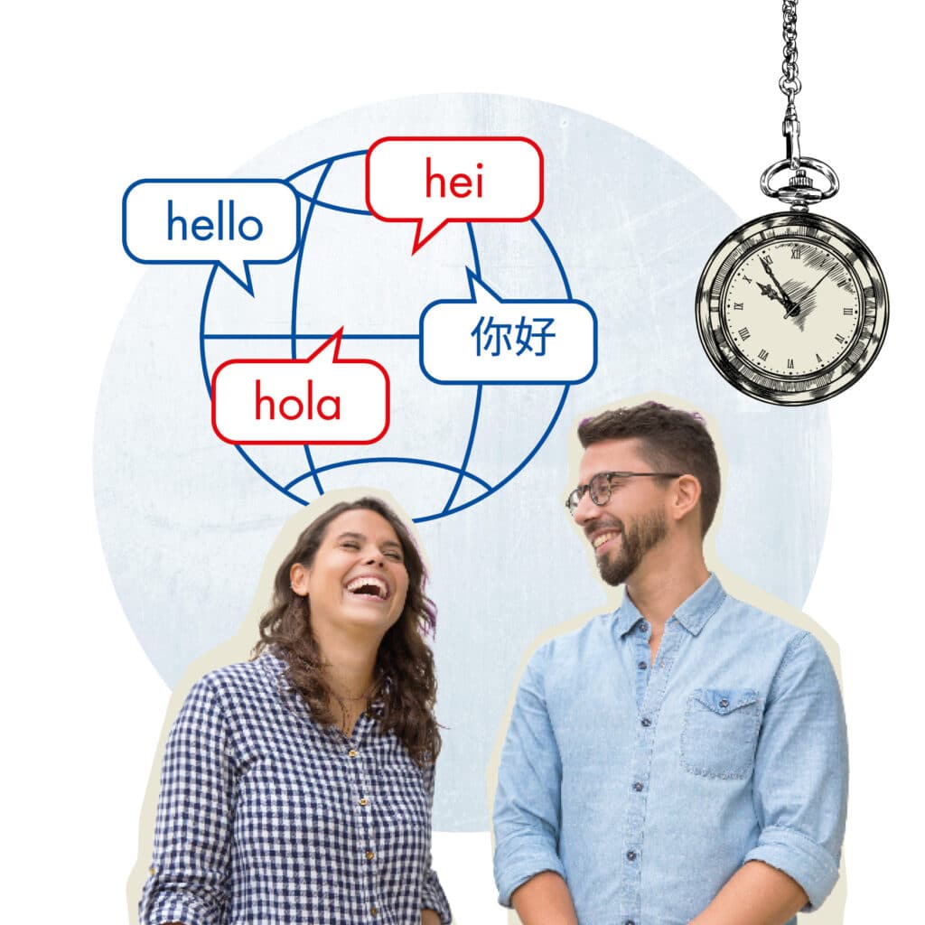 Zwei Menschen, die sich in unterschiedlichen Sprachen begrüßen