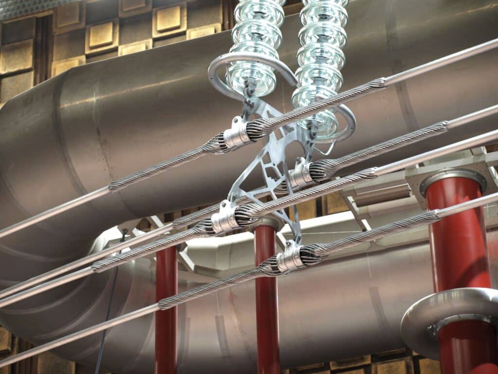 Freileitungsarmaturen, Isolatoren aufgebaut für die Tests im Hochspannungslabor im Hintergrund technische Umgebung