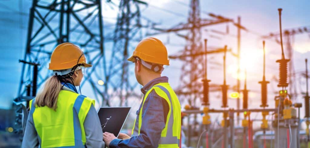 Frau und Mann geschützt durch Warnwesten und Helme stehen mit einem Laptop vor Strommasten und Schaltanlage.